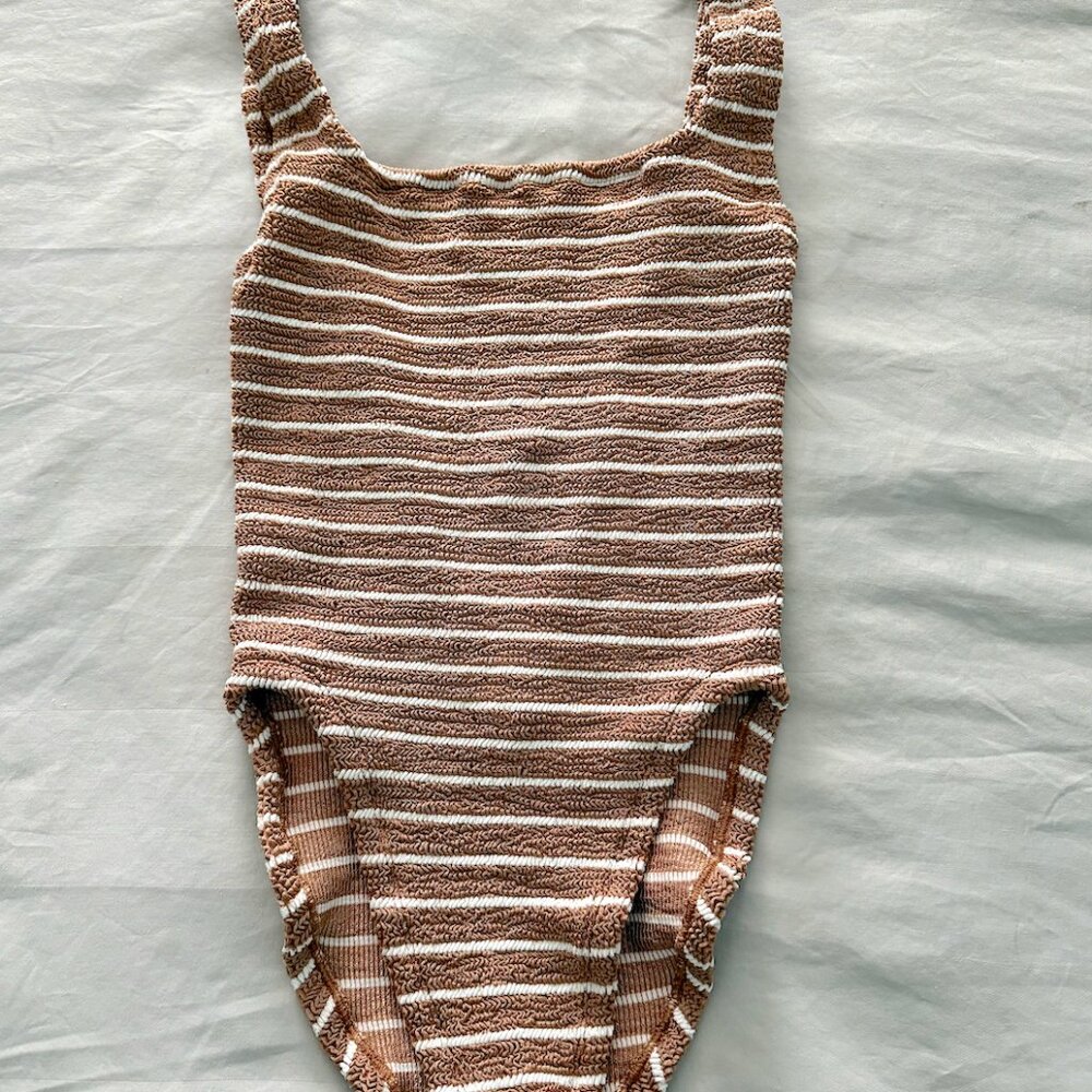 H​unza G Square Neck Swimsuit in Metallic Cocoa Striped NEW WITH TAGS